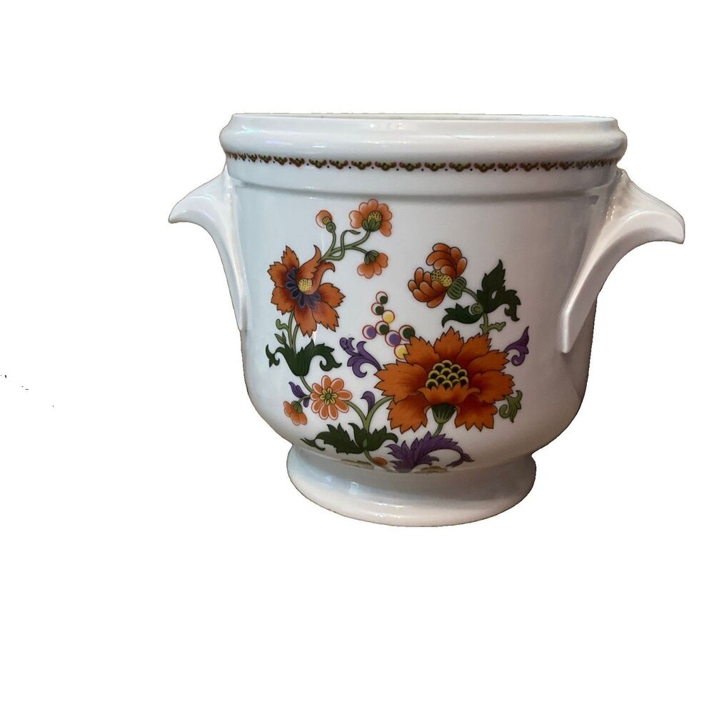 Limoges France Floral Porcelain Planter Cache Pot Jardiniere 7” Tall Handled